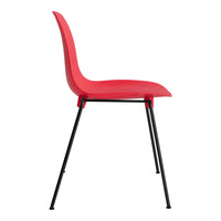 Red chair with a sleek design and black metal legs, showcasing a modern, minimalist style.