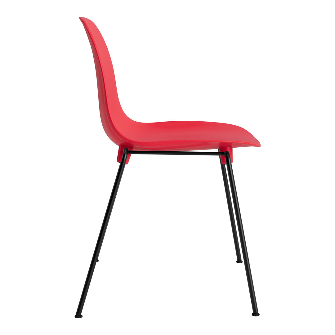 Red chair with a sleek design and black metal legs, showcasing a modern, minimalist style.
