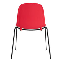 Red plastic chair with a smooth finish and sleek black metal legs, perfect for modern decor.