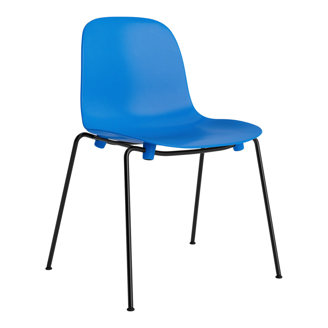 Blue plastic chair with a smooth finish and sleek black metal legs. Perfect for modern decor.