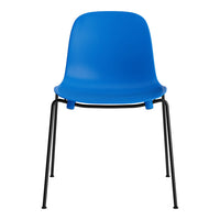 Bright blue chair with a smooth surface and sleek black metal legs, perfect for modern interiors.