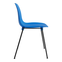 Blue plastic chair with smooth contours and sleek black metal legs. Ideal for modern minimalist spaces.