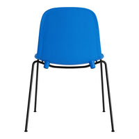 Bright blue chair with a smooth finish, supported by a sleek black metal frame, perfect for modern décor.