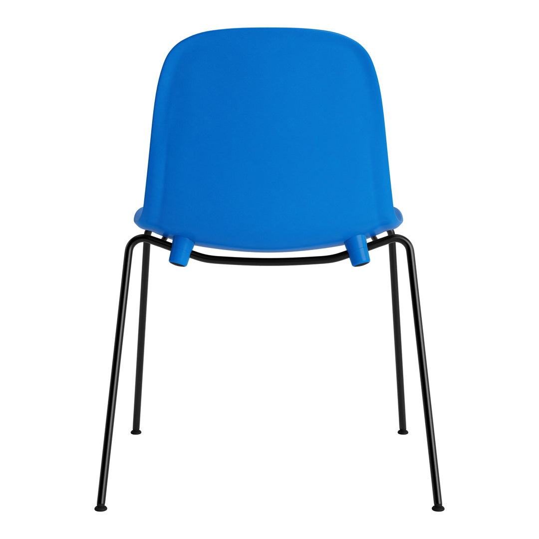 Bright blue chair with a smooth finish, supported by a sleek black metal frame, perfect for modern décor.