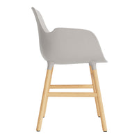Light gray chair with sleek design and natural wooden legs, showcasing modern minimalism.