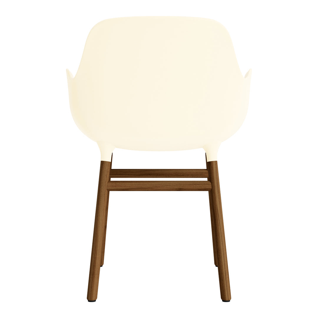 Cream-colored chair with a smooth finish and natural wood legs, showcasing minimalistic design and modern elegance.