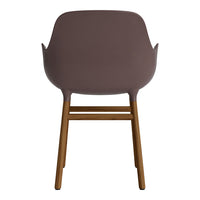 Brown ergonomic chair with wooden legs, featuring a sleek, modern design and minimalistic pattern.