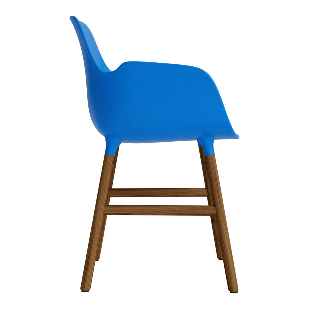 Blue modern chair with a smooth finish and wooden legs, adding a vibrant touch to any space.