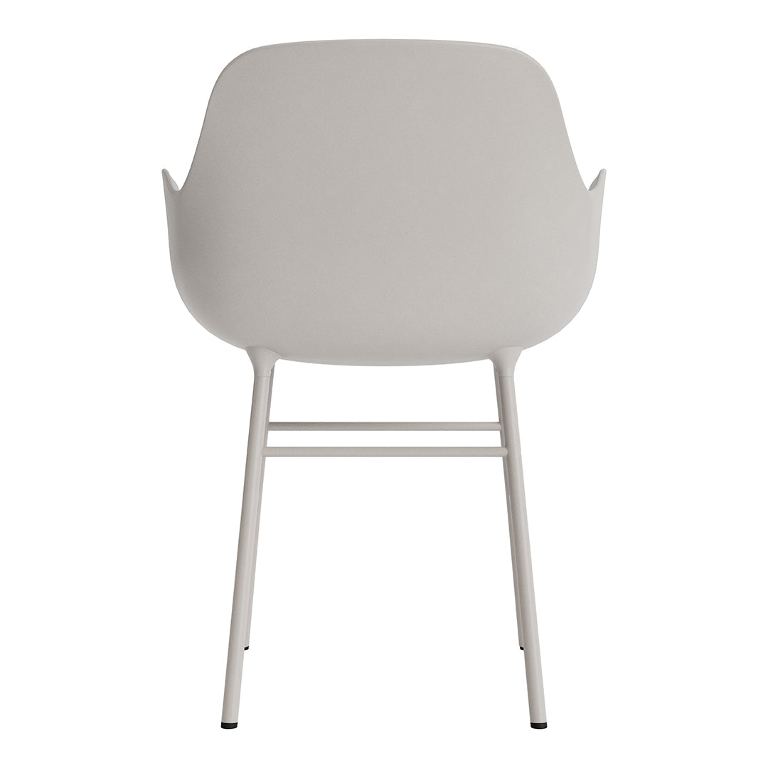 Simple grey chair with smooth, curved backrest and minimalist design, featuring a light-colored metal frame.