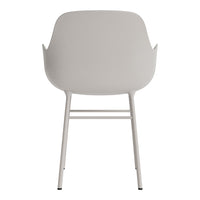 Simple grey chair with smooth, curved backrest and minimalist design, featuring a light-colored metal frame.
