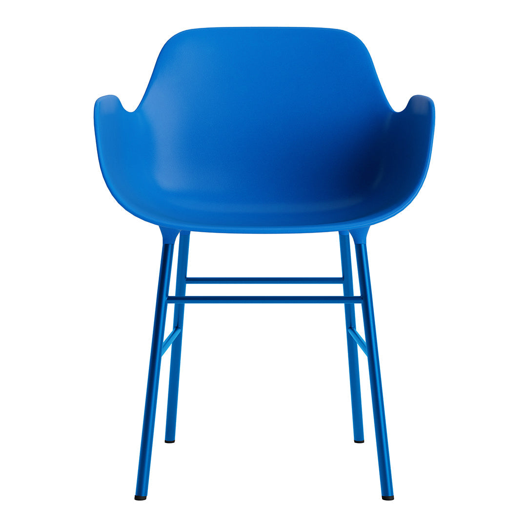 Vibrant blue chair with a smooth, curved design, featuring a sleek metal frame for modern decor.