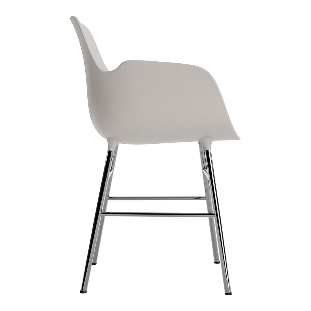 Gray plastic chair with sleek chrome legs, minimalist design and smooth curves, perfect for modern decor.