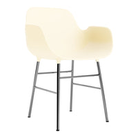 Cream-colored chair with smooth curves and sleek chrome legs, perfect for modern interiors.
