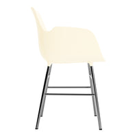 Cream-colored chair with a sleek, modern design and chrome legs, offering a minimalist aesthetic.