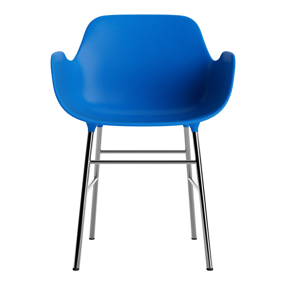 Vibrant blue chair with sleek chrome legs, featuring a modern design and smooth, polished surface.