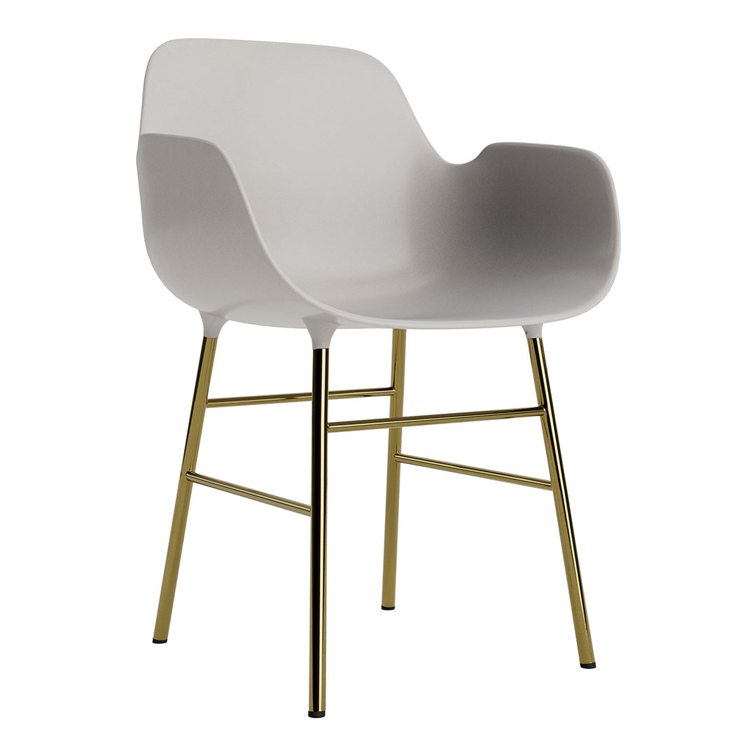 Stylish grey chair with smooth curves and elegant gold legs, perfect for modern decor.