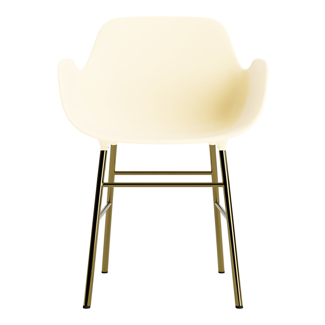 Cream-colored chair with a minimalist design and gold metal legs, perfect for modern decor.