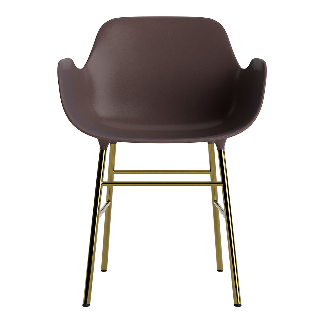 Brown chair with a sleek design, featuring a glossy finish and golden metal legs for a modern touch.
