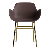 Brown chair with a sleek design, featuring a glossy finish and golden metal legs for a modern touch.