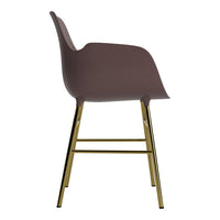 Side view of a modern chair featuring a matte brown seat and sleek gold metal legs.