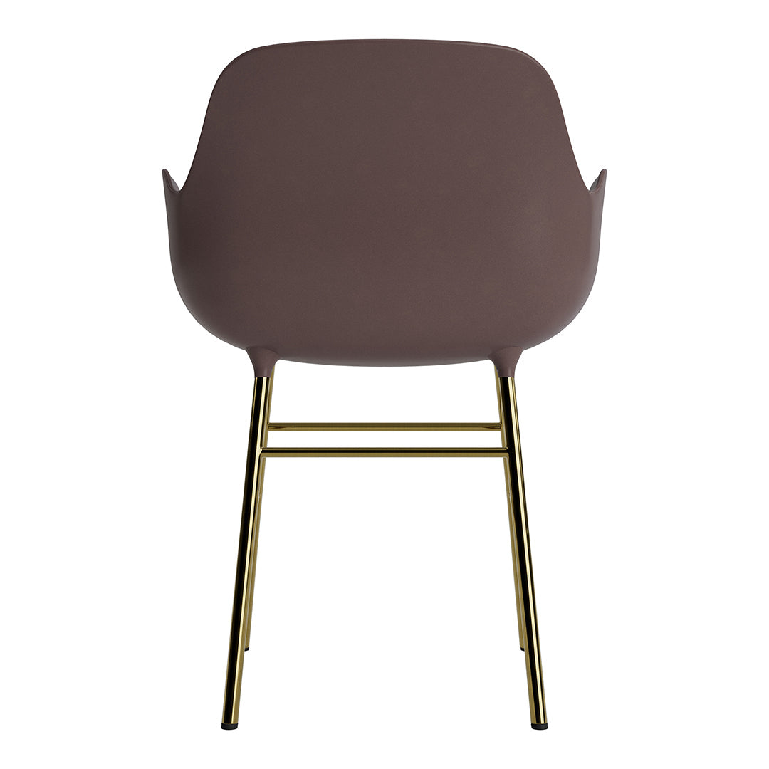 Elegant brown chair with smooth contours and sleek gold legs, perfect for modern decor.