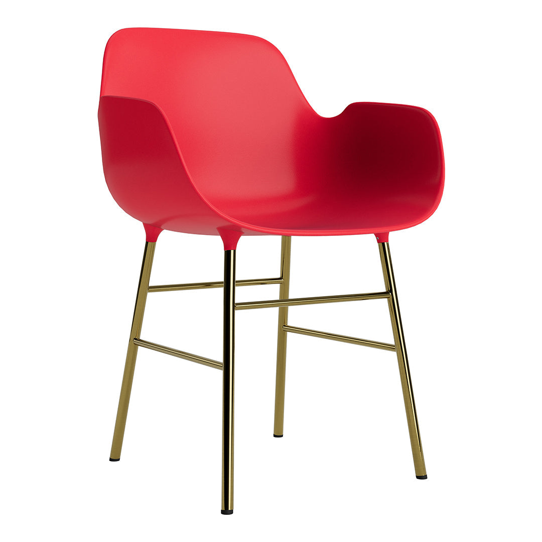 Bright red chair with smooth curves and gold metal legs, perfect for modern decor. Ideal for stylish living spaces.