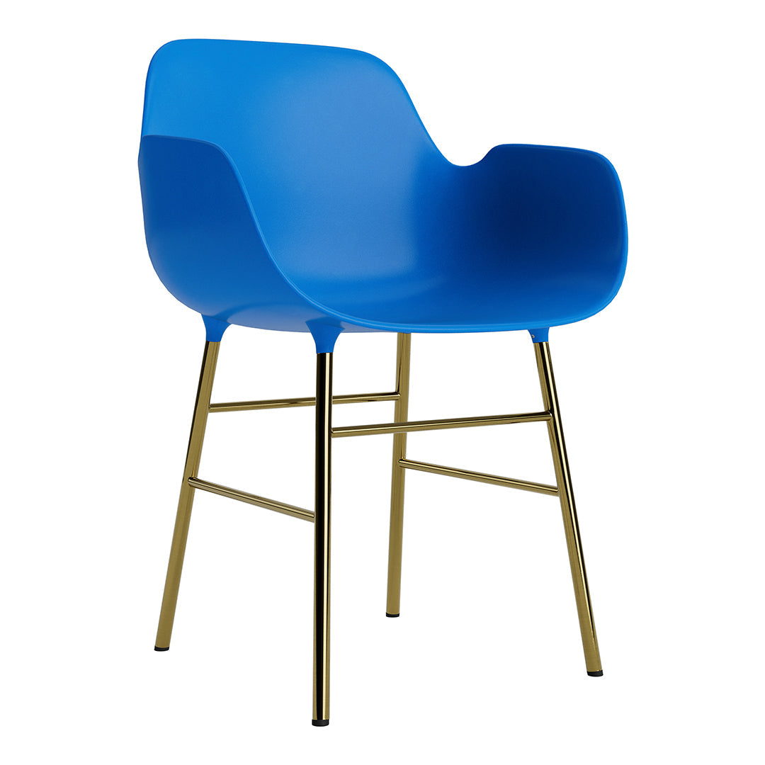 Vibrant blue chair with a smooth finish and gold metal legs, featuring a modern, minimalist design.
