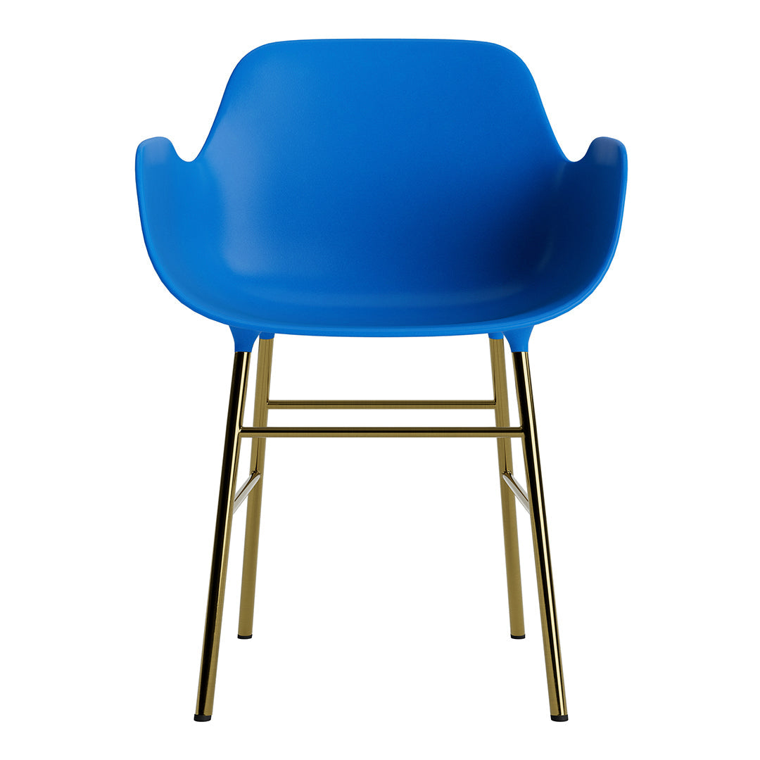 Bright blue chair with sleek gold legs, featuring a smooth, modern design perfect for contemporary interiors.