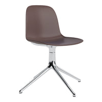 Brown molded chair with a sleek chrome base, featuring a minimalist design and smooth surface. Perfect for modern decor.
