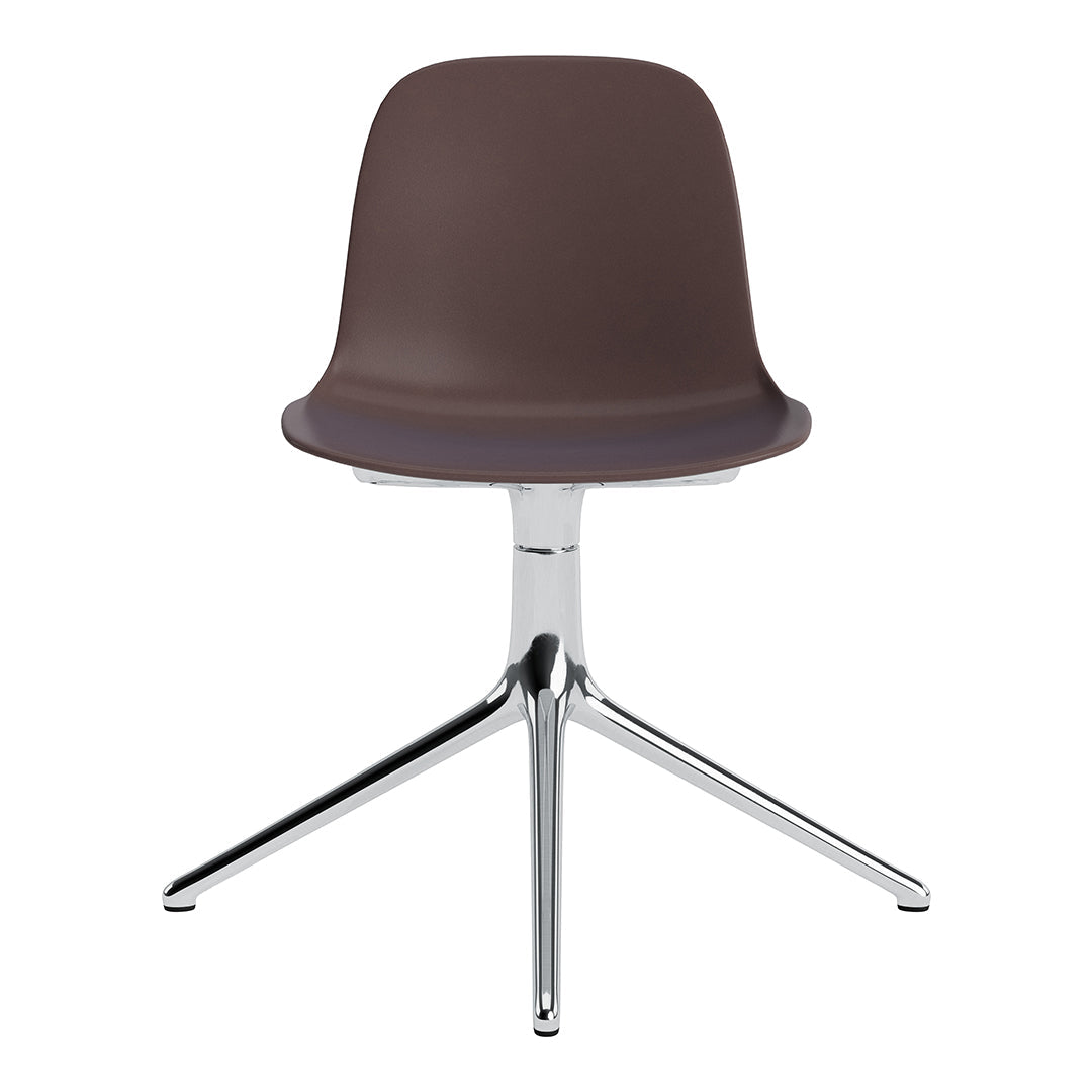 Brown modern chair with a sleek chrome base, featuring a minimalist design and smooth finish. Ideal for contemporary decor.