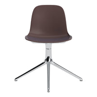 Brown modern chair with a sleek chrome base, featuring a minimalist design and smooth finish. Ideal for contemporary decor.