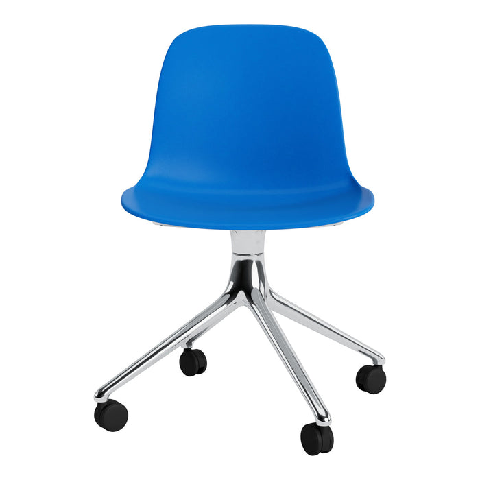Bright blue chair with a sleek, smooth finish and a shiny chrome base, featuring five rolling wheels.