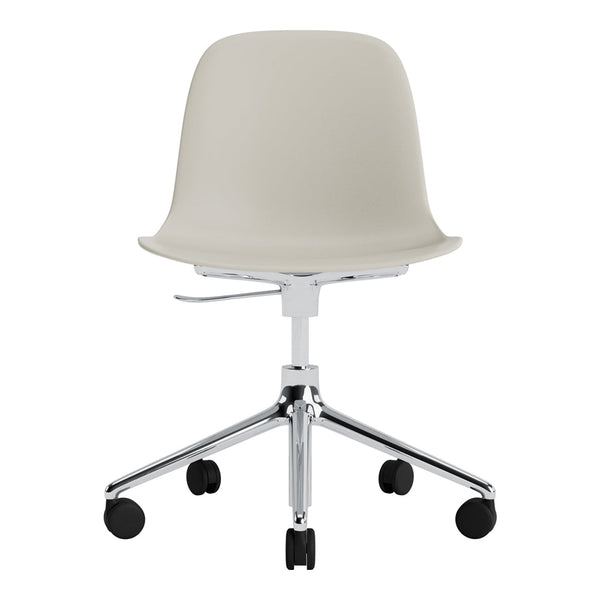 Light gray chair with a smooth, curved design and a polished chrome base, featuring sleek, modern lines.