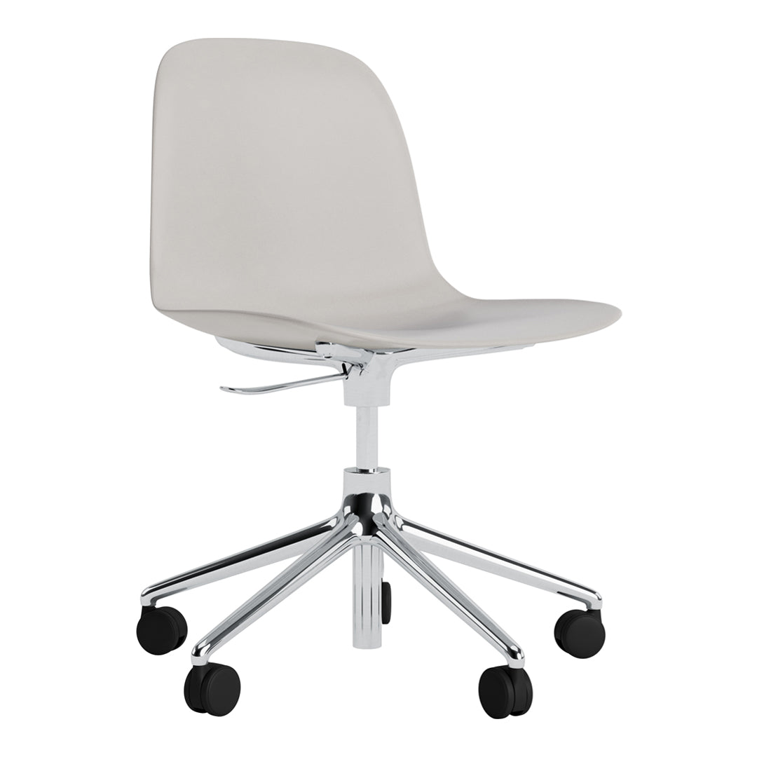 Stylish gray swivel chair with a smooth, modern design and chrome base, featuring simple, clean lines.