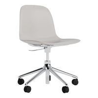 Stylish gray swivel chair with a smooth, modern design and chrome base, featuring simple, clean lines.