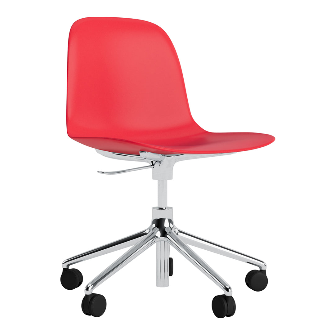 Red plastic chair with a simple, modern design and chrome base. Perfect for stylish, contemporary spaces.