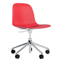 Red plastic chair with a simple, modern design and chrome base. Perfect for stylish, contemporary spaces.