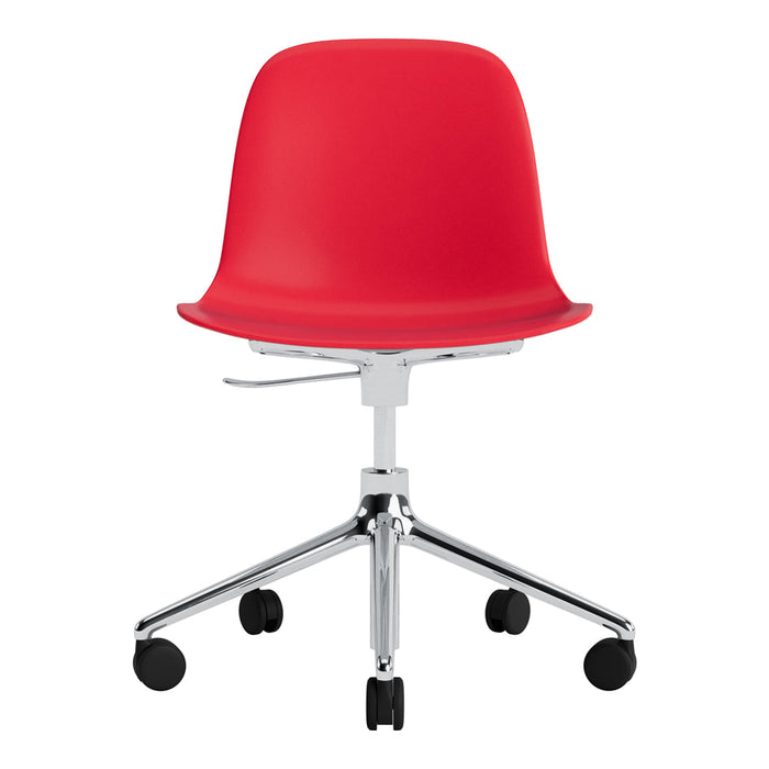 Bright red office chair with a sleek, smooth finish and chrome base, featuring wheels for easy mobility.