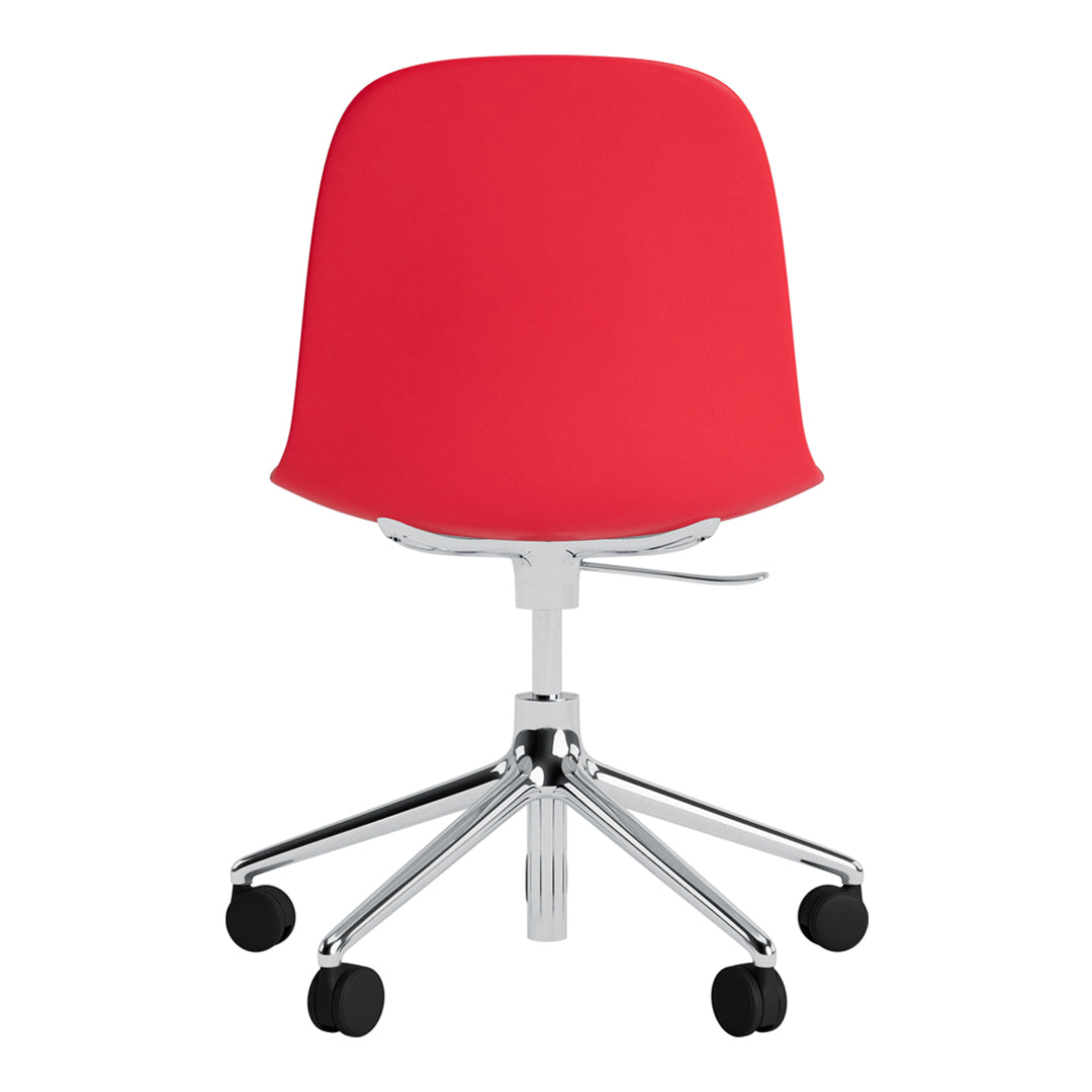 Red upholstered chair with a smooth finish and sleek chrome base, featuring five black rolling casters.
