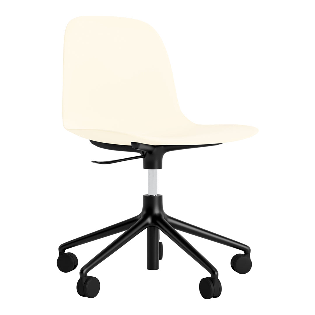 Cream-colored chair with a sleek black base and five caster wheels, featuring a minimalist design.