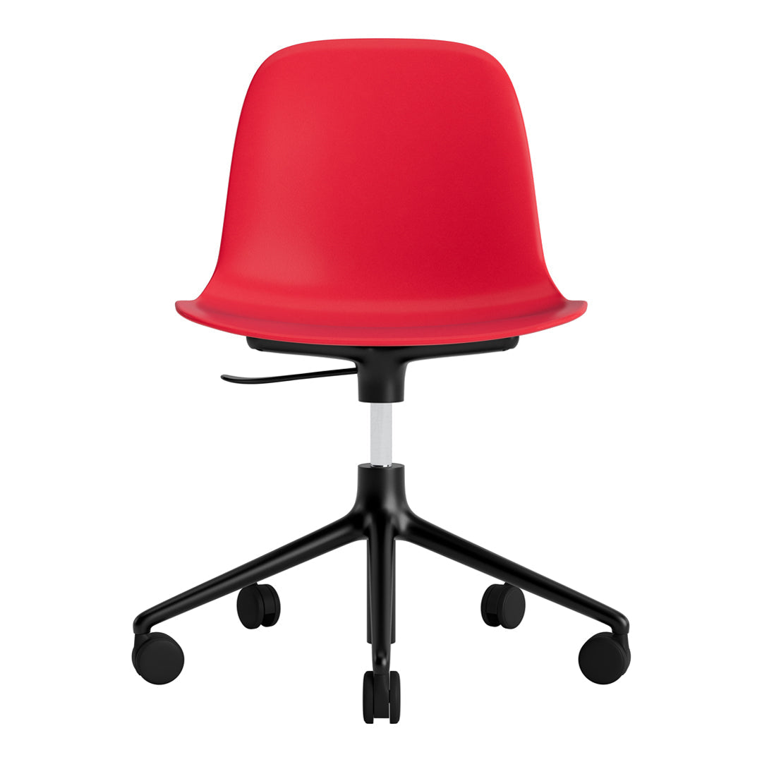 Red ergonomic swivel chair with a smooth matte finish and a sleek, minimalist design. Black five-star base with wheels.
