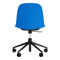 Blue ergonomic office chair with a smooth shell and a stylish black base. Perfect for modern workspaces.