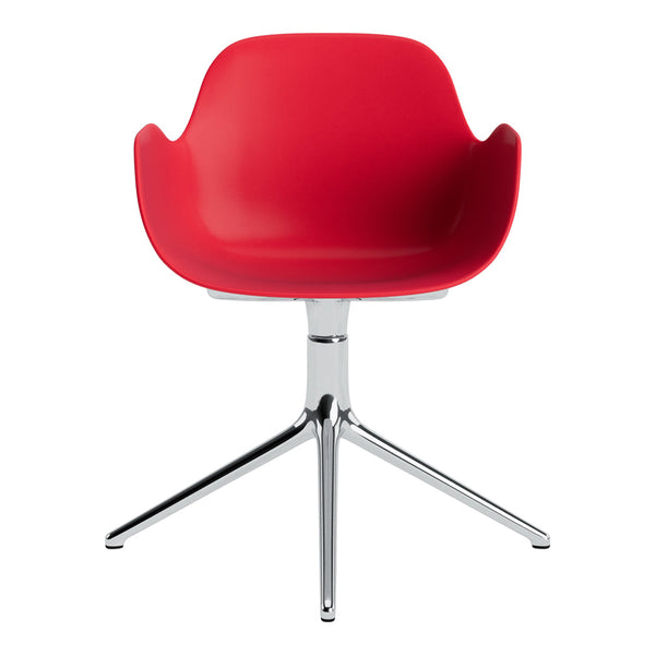 Red plastic chair with curved arms and a sleek chrome base. Modern design perfect for any stylish decor.