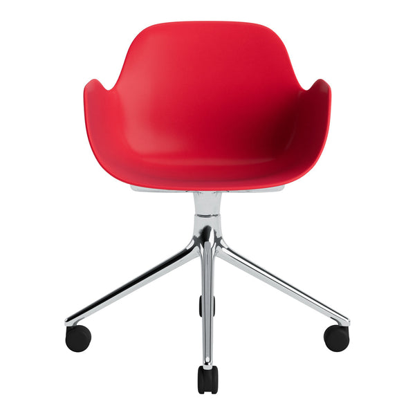 Red modern chair with a sleek plastic seat and chrome base, featuring a simple, contemporary design and smooth finish.