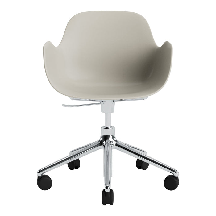 Modern gray office chair with a smooth, curved design and polished chrome base. Ideal for stylish workspaces.
