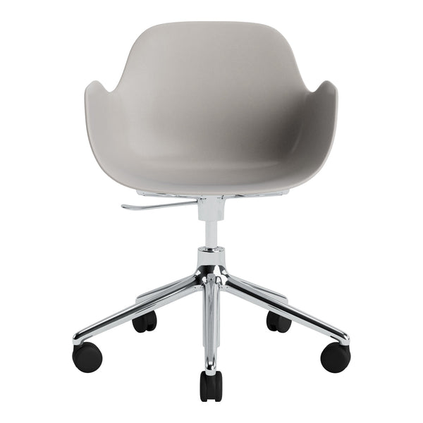 Modern gray swivel chair with chrome base, featuring a sleek, minimalist design and smooth, curved lines.