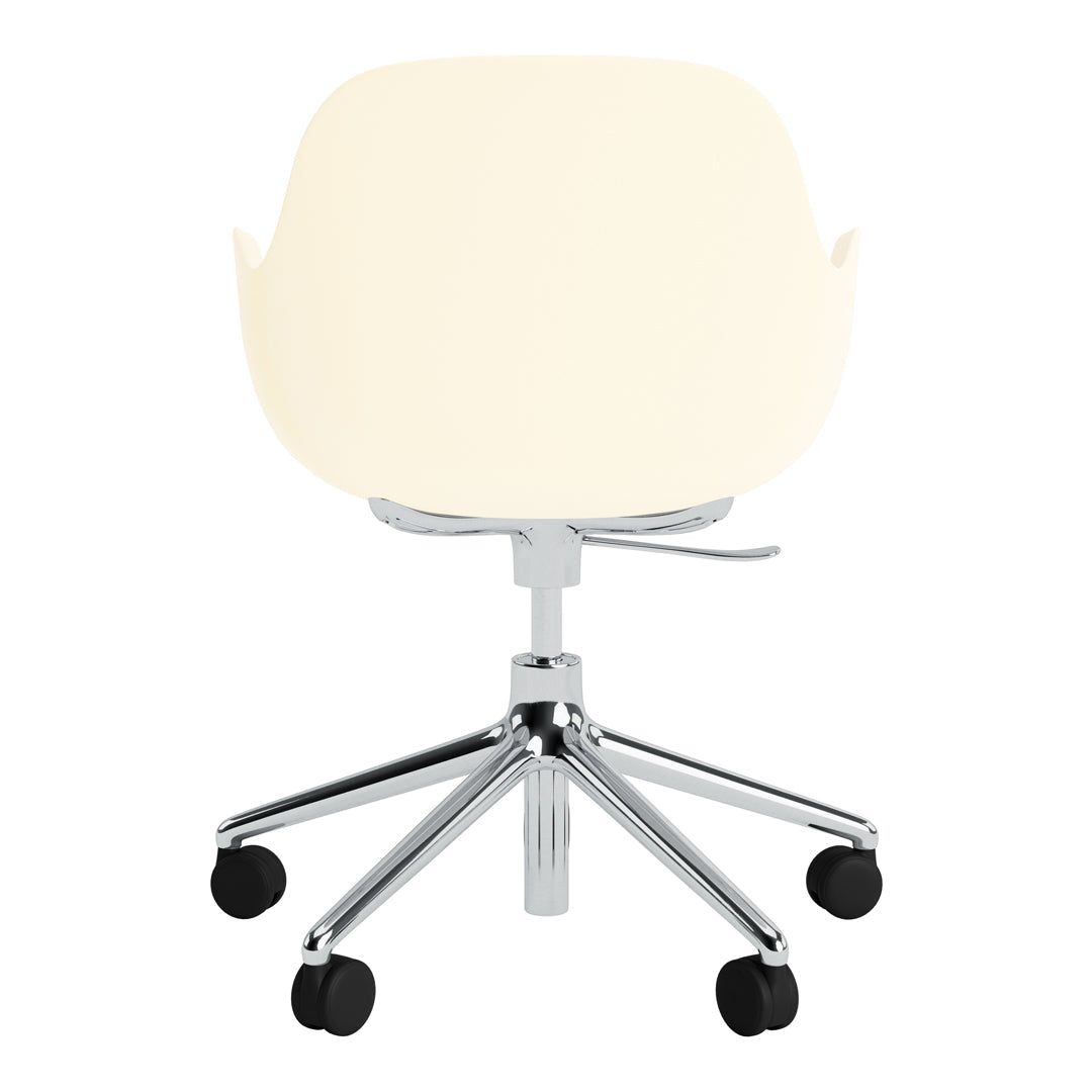 Cream-colored ergonomic office chair with a sleek chrome base and five rolling wheels. Simple and modern design.