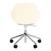Cream-colored ergonomic office chair with a sleek chrome base and five rolling wheels. Simple and modern design.