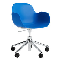 Vibrant blue ergonomic chair with a smooth, curved design and chrome-plated base, ideal for modern office spaces.