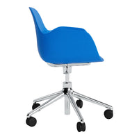 Vibrant blue ergonomic chair with a sleek chrome base and rolling casters for modern office decor.
